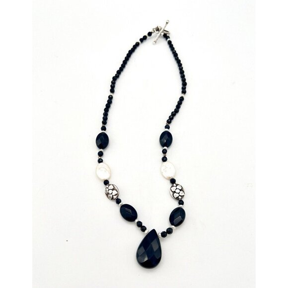 Sterling Silver Faceted Onyx Bead Necklace Oval Coin Pearls Toggle Latch 925 18" - Picture 2 of 7